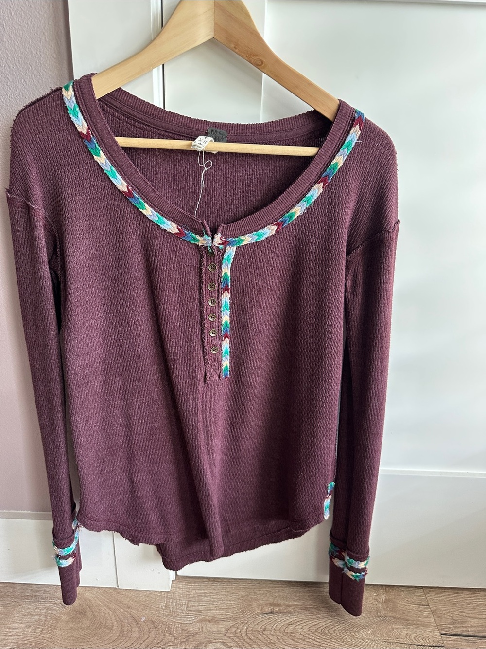 We The Free Long Sleeve Waffle Henley in Plum with Multicolor Braid